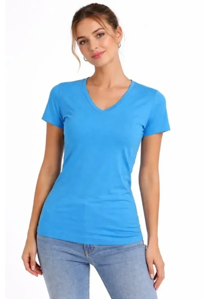 T-Shirt V Yaka Slim Fit Likralı Tişört Günlük Basic Body - Açık Mavi