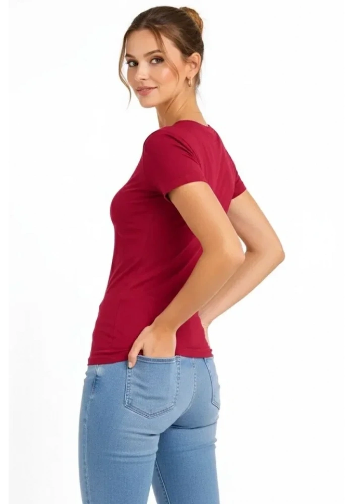T-Shirt V Yaka Slim Fit Likralı Tişört Günlük Basic Body - Bordo