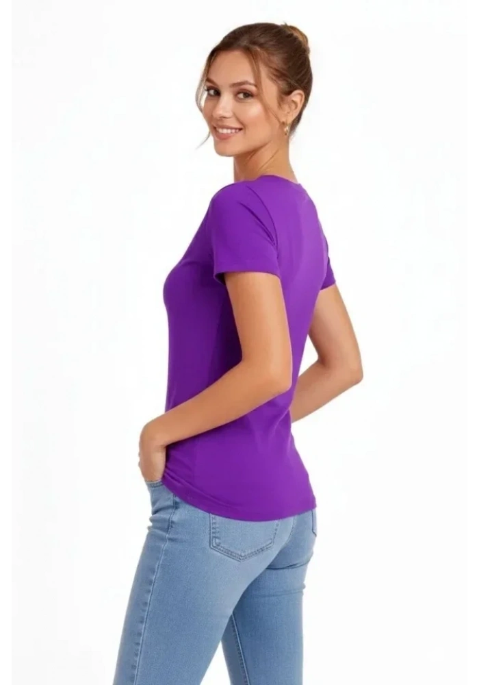 T-Shirt V Yaka Slim Fit Likralı Tişört Günlük Basic Body - Mor