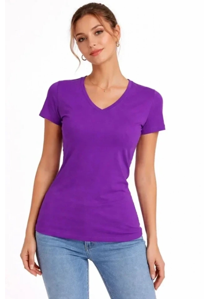 T-Shirt V Yaka Slim Fit Likralı Tişört Günlük Basic Body - Mor