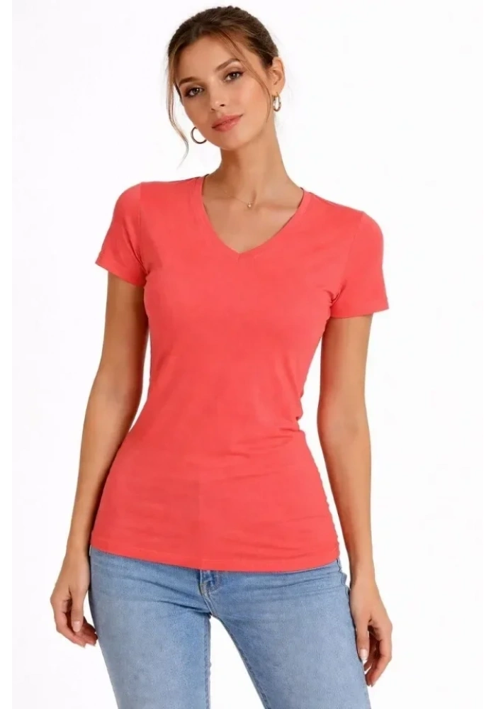 T-Shirt V Yaka Slim Fit Likralı Tişört Günlük Basic Body - Nar Çiçeği