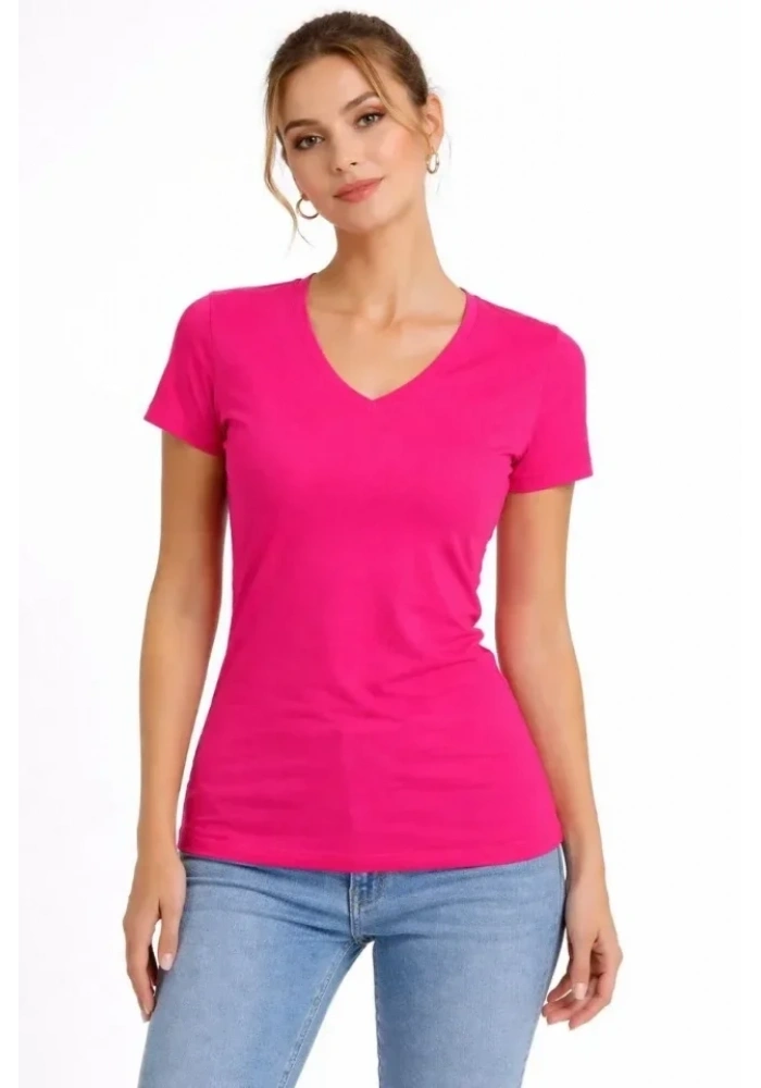 T-Shirt V Yaka Slim Fit Likralı Tişört Günlük Basic Body - Pembe