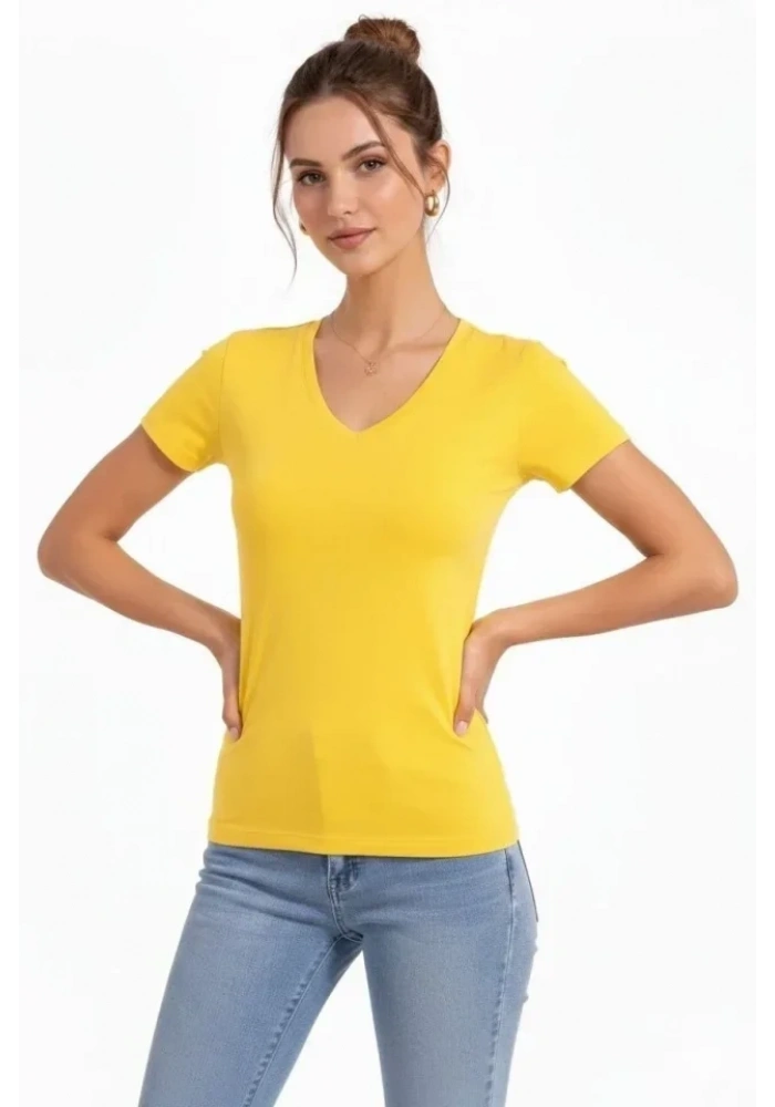 T-Shirt V Yaka Slim Fit Likralı Tişört Günlük Basic Body - Sarı