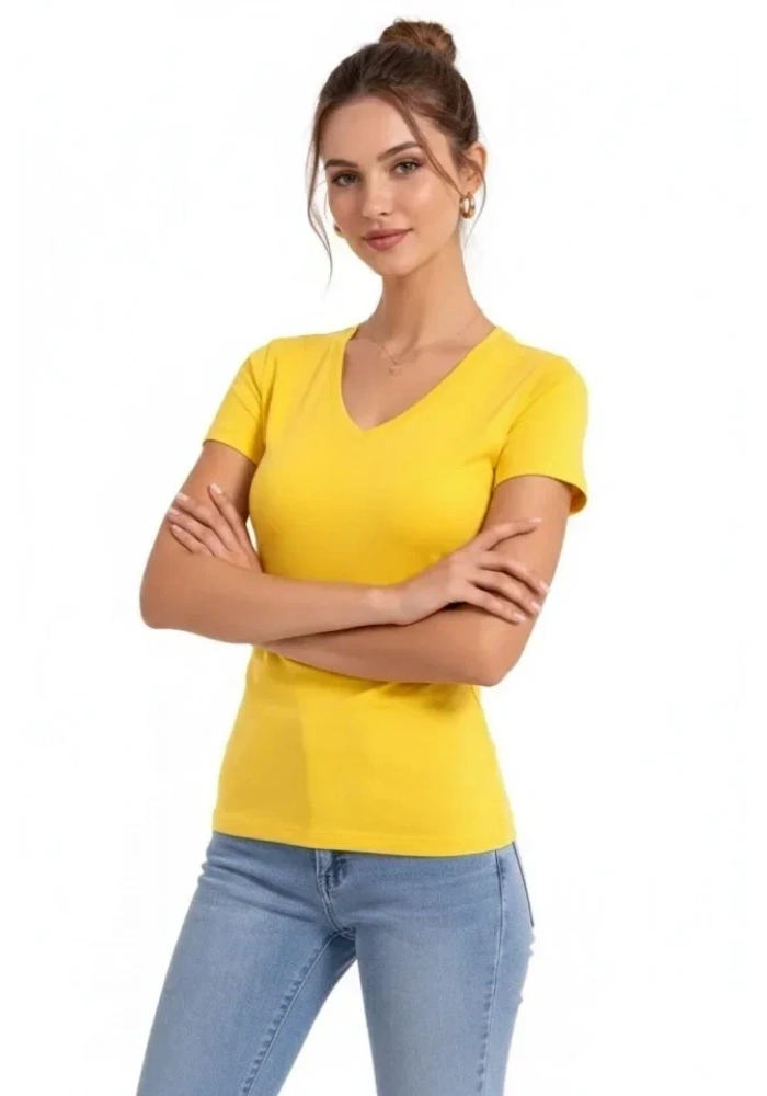 T-Shirt V Yaka Slim Fit Likralı Tişört Günlük Basic Body - Sarı