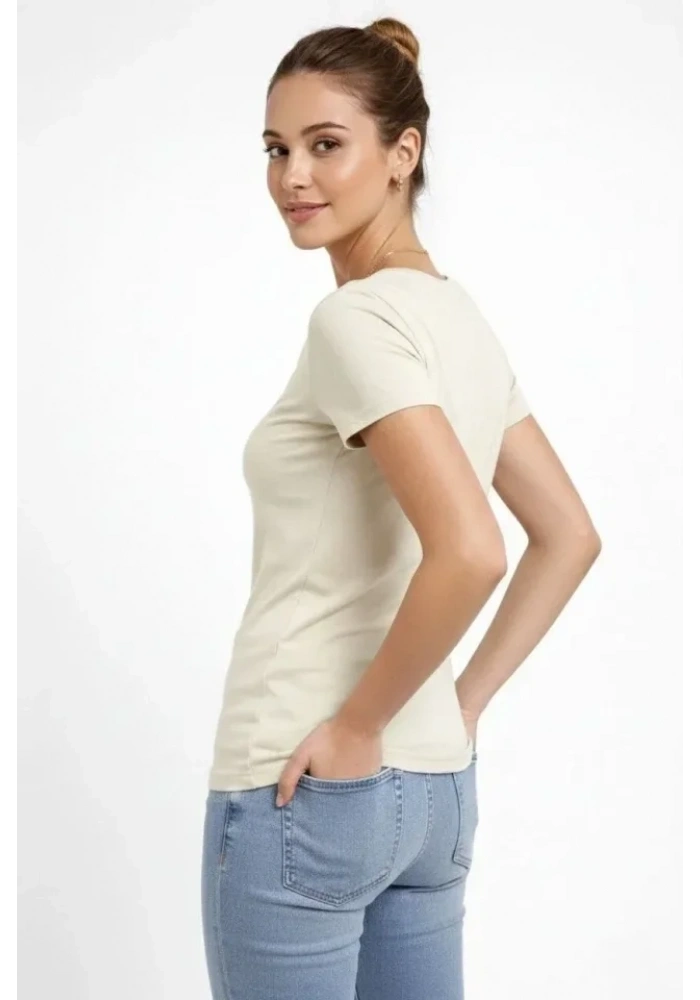 T-Shirt V Yaka Slim Fit Likralı Tişört Günlük Basic Body - Taş