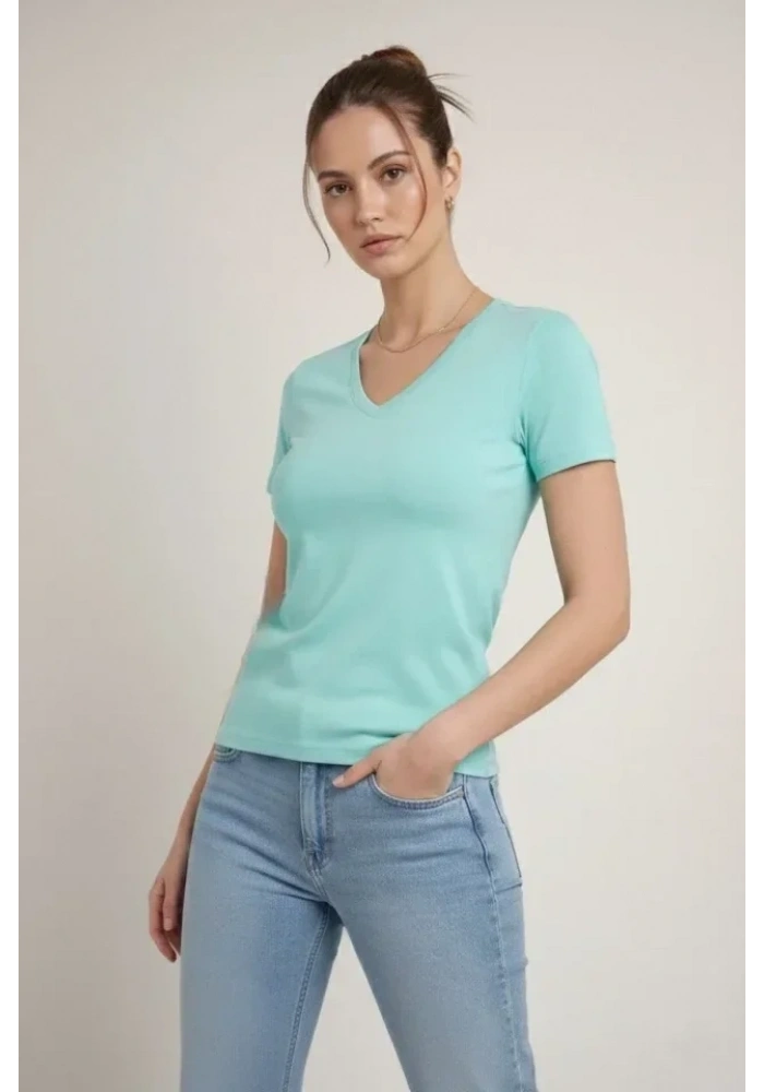 T-Shirt V Yaka Slim Fit Likralı Tişört Günlük Basic Body - Turkuvaz