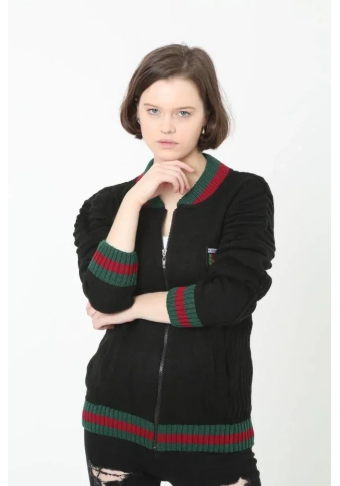 Tam Fermuarlı Triko Hırka - Siyah