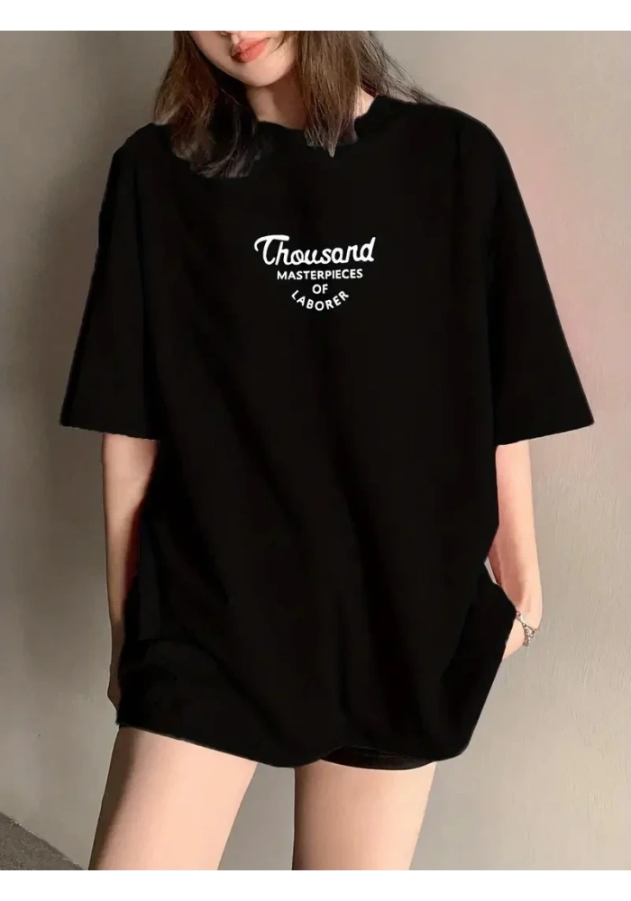 Kadın Thousand Baskılı Oversize Bisiklet Yaka T-shirt - Siyah