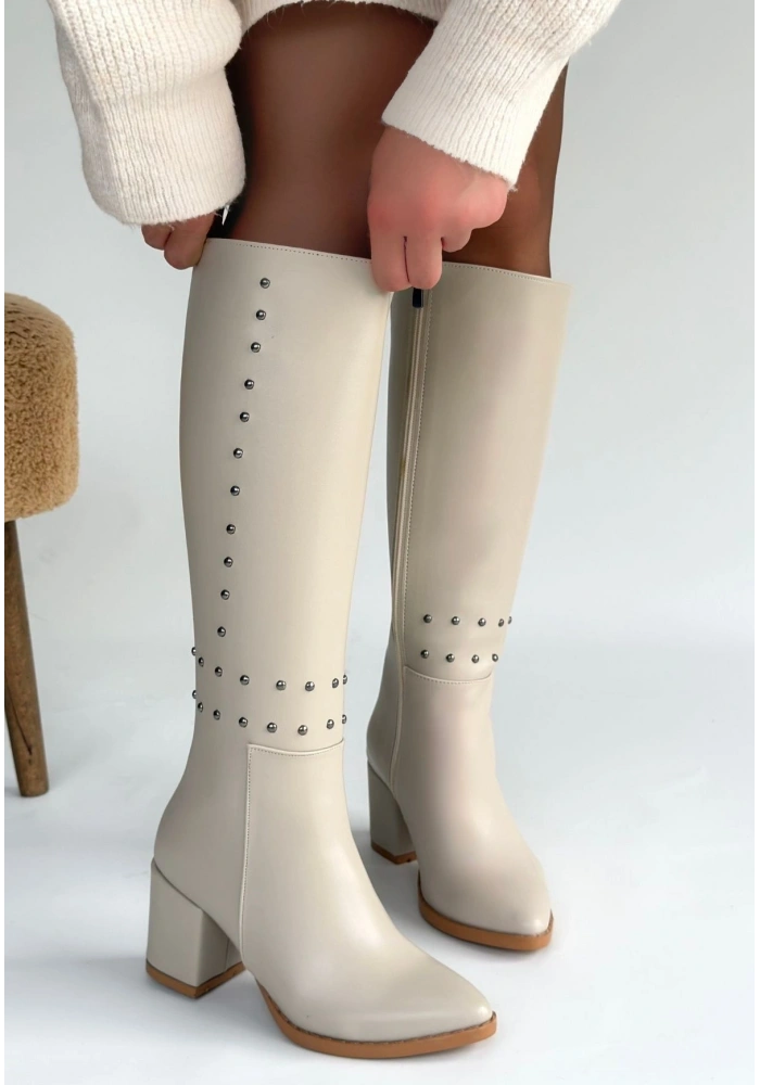 Tiyan Bej Cilt Topuklu Çizme