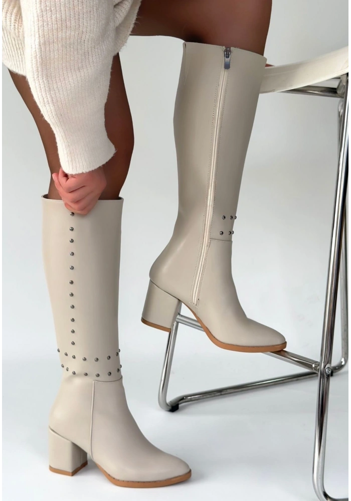 Tiyan Bej Cilt Topuklu Çizme