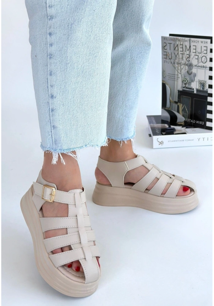 Toten Bej Cilt Kemerli Sandalet