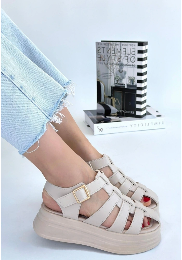 Toten Bej Cilt Kemerli Sandalet