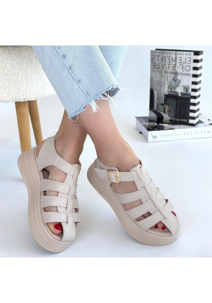 Toten Bej Cilt Kemerli Sandalet