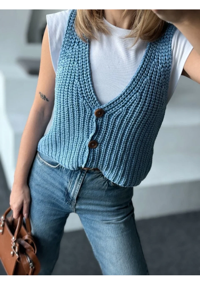 Triko Kolsuz Düğmeli Yelek - Mavi