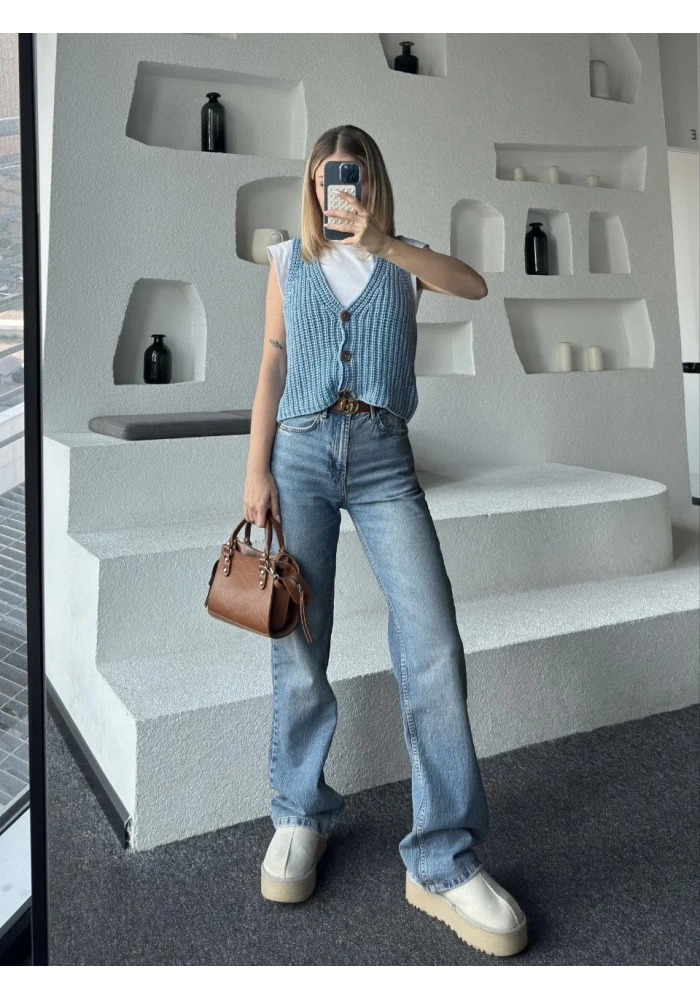 Triko Kolsuz Düğmeli Yelek - Mavi