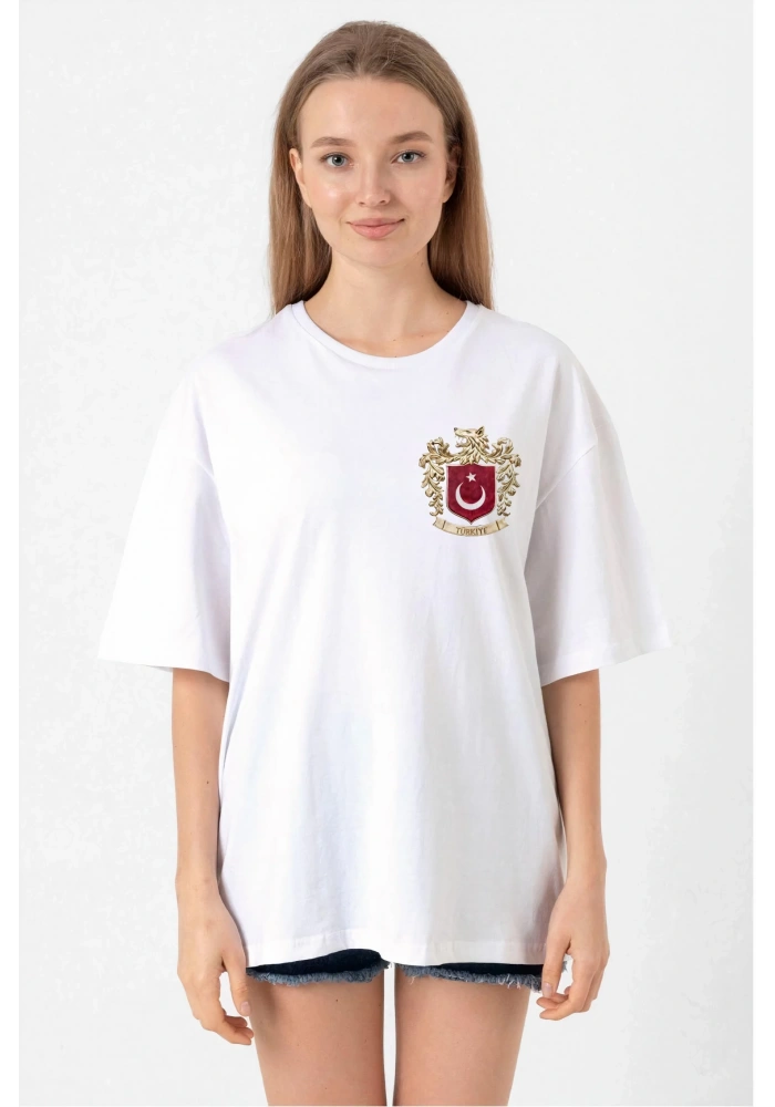 Türk Arma Baskılı Oversize Bisiklet Yaka Günlük T-shirt - Beyaz