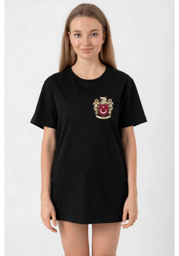 Türk Arma Baskılı Oversize Bisiklet Yaka Günlük T-shirt - Siyah