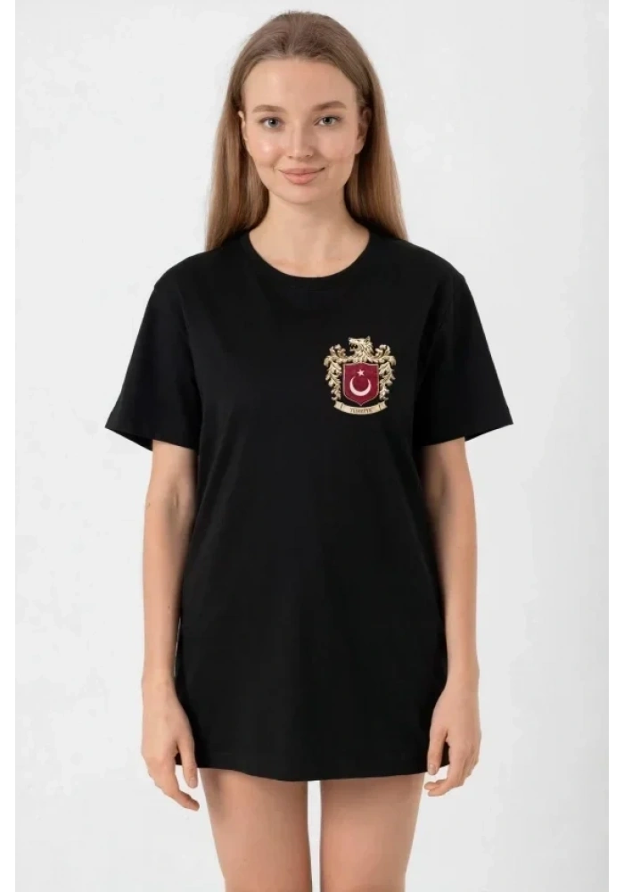 Türk Arma Baskılı Oversize Bisiklet Yaka Günlük T-shirt - Siyah