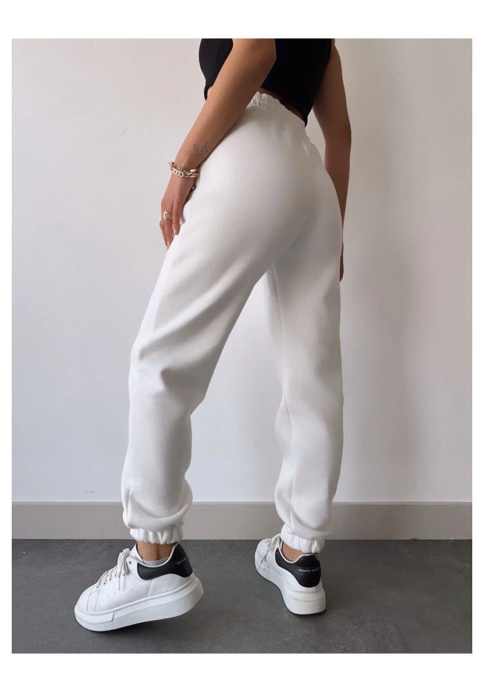 Üç İplik Basic Lastikli Eşofman Pantolon - Beyaz