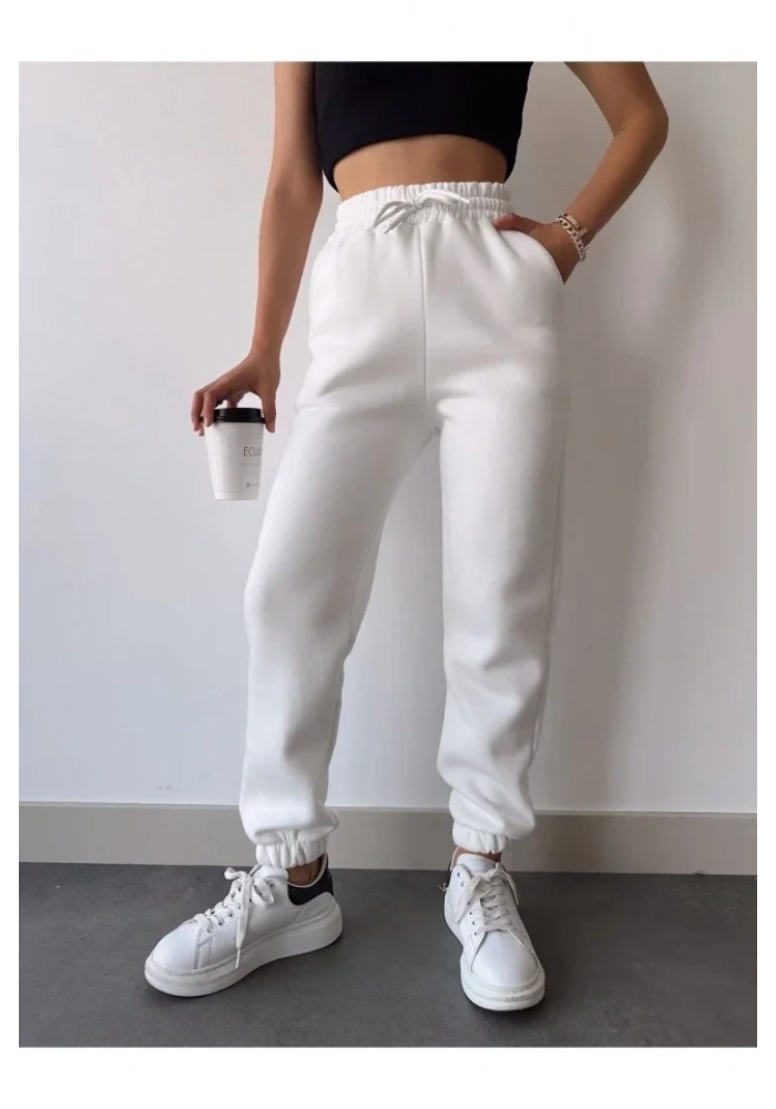 Üç İplik Basic Lastikli Eşofman Pantolon - Beyaz