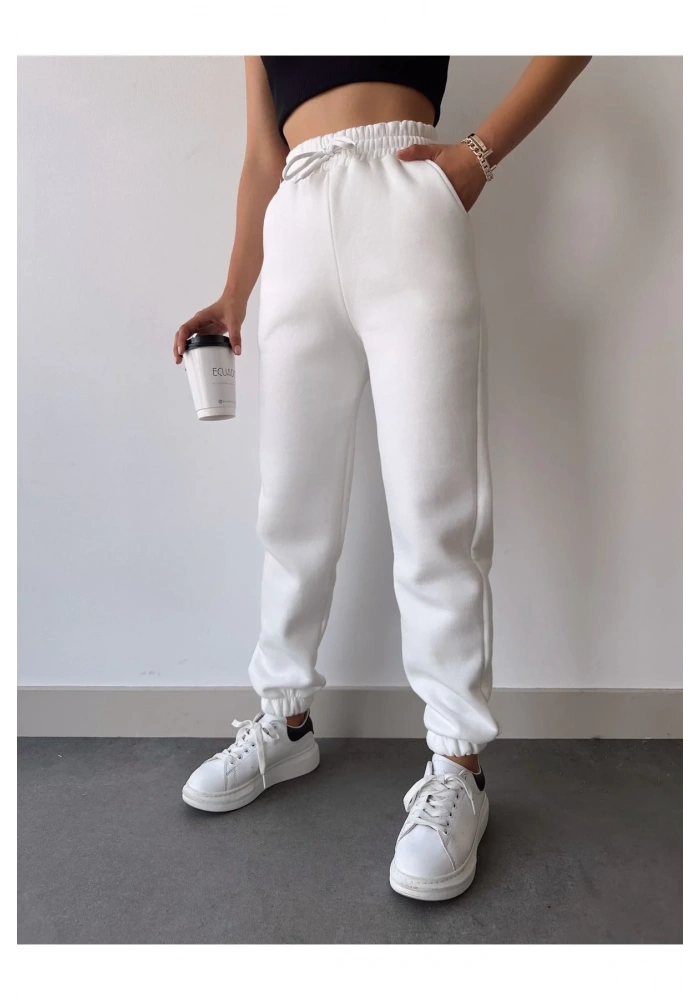 Üç İplik Basic Lastikli Eşofman Pantolon - Beyaz