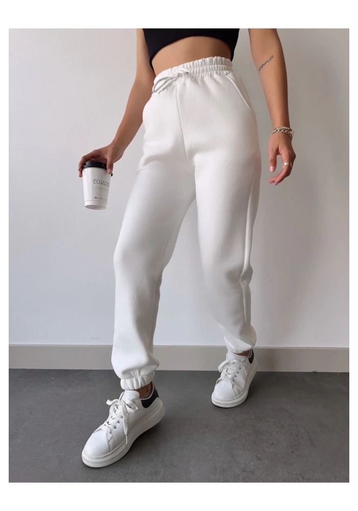 Üç İplik Basic Lastikli Eşofman Pantolon - Beyaz