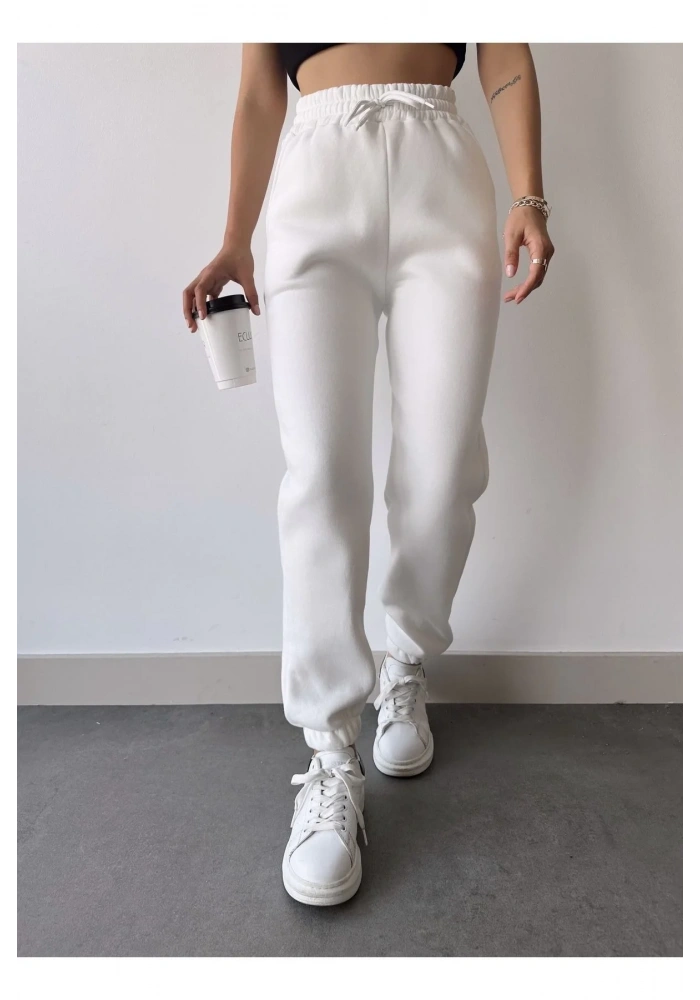 Üç İplik Basic Lastikli Eşofman Pantolon - Beyaz