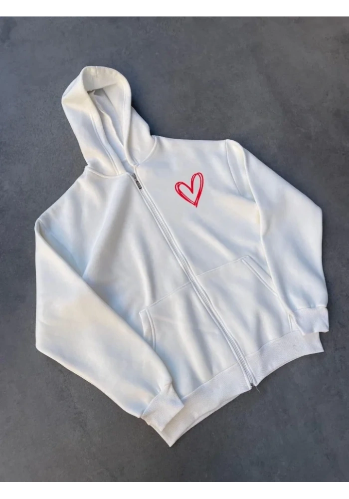 Üç İplik Baskılı Fermuarlı Kapşonlu Hırka - Beyaz