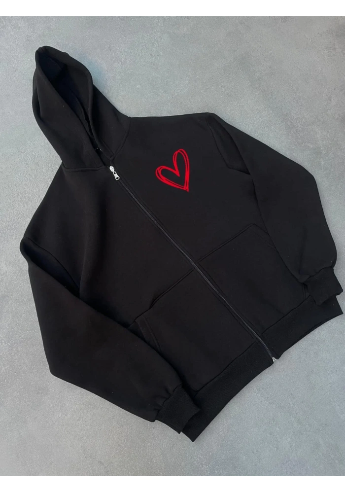 Kadın Üç İplik Baskılı Fermuarlı Kapüşonlu Hırka - Siyah