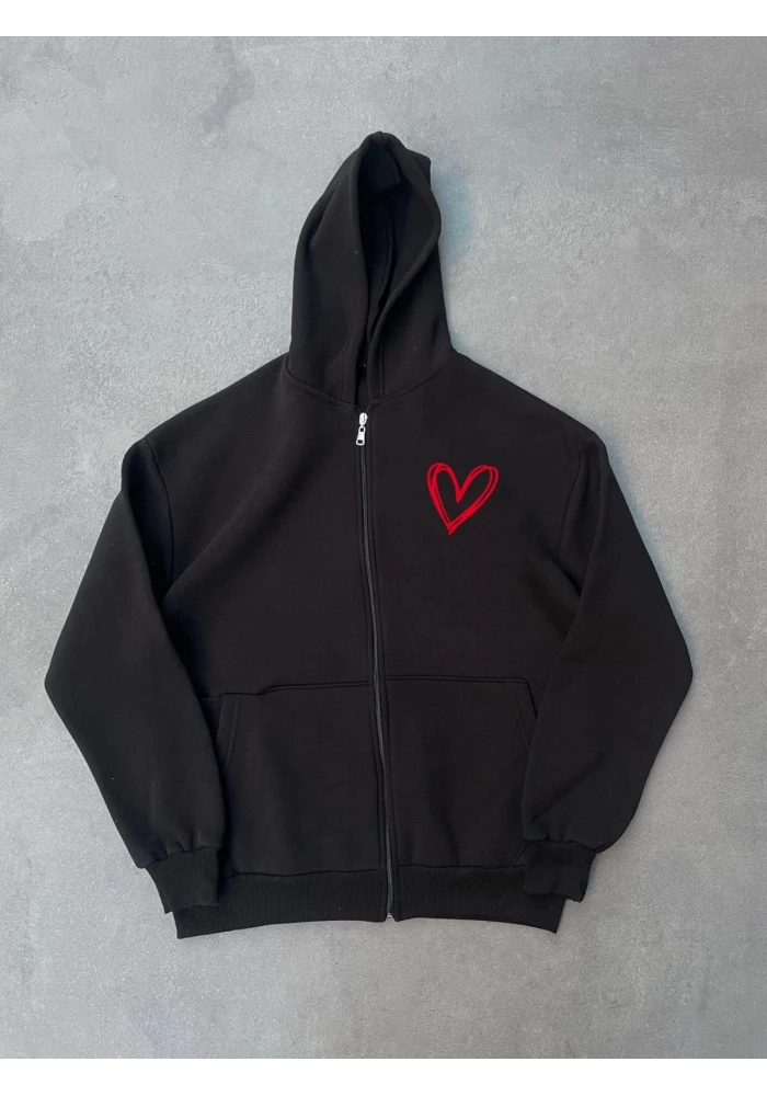 Kadın Üç İplik Baskılı Fermuarlı Kapüşonlu Hırka - Siyah