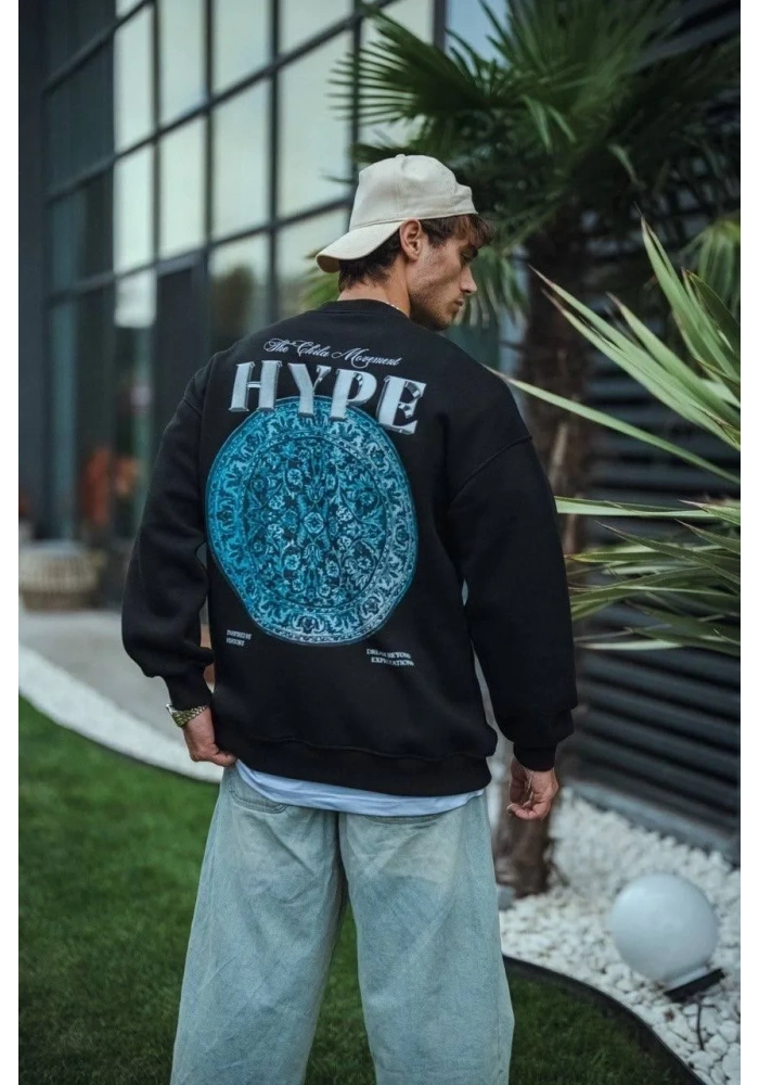 Üç İplik Bisiklet Yaka Baskılı SweatShirt - Siyah