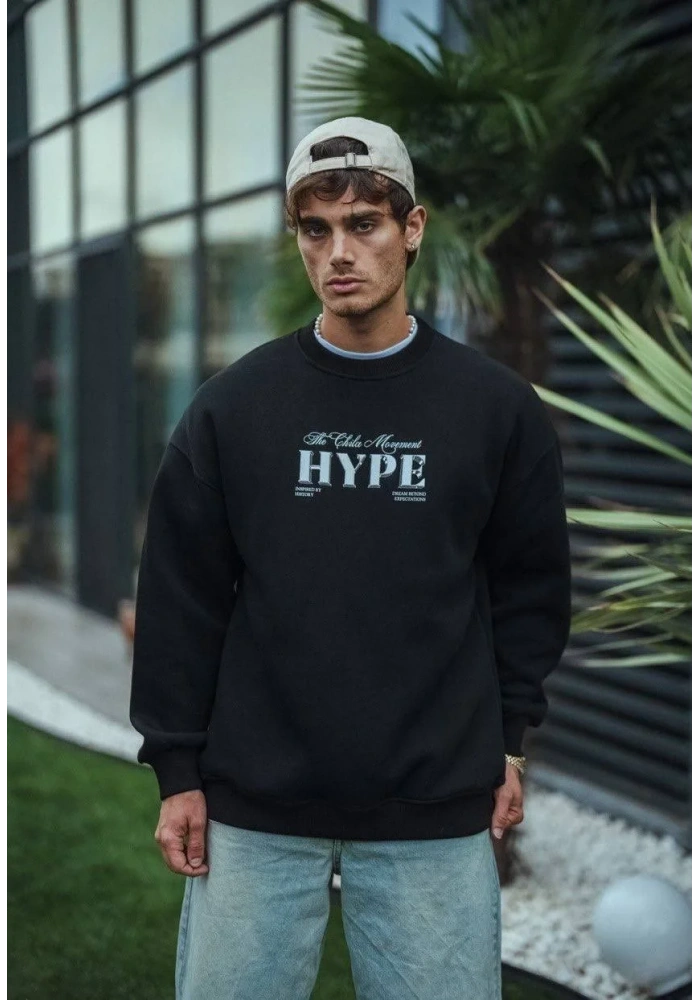 Üç İplik Bisiklet Yaka Baskılı SweatShirt - Siyah