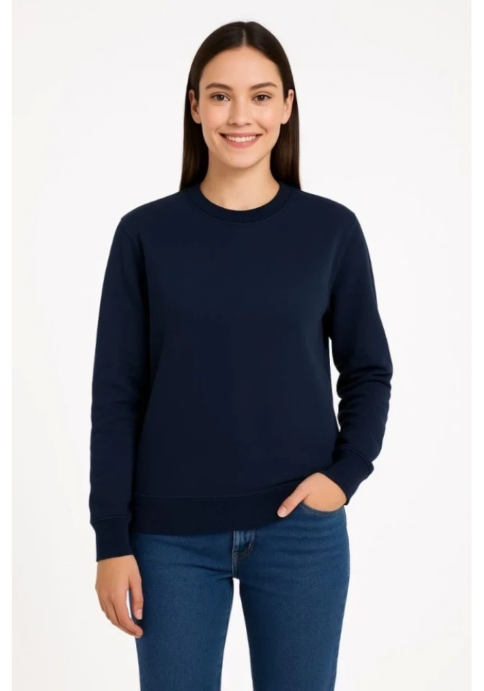 Üç İplik Düz Bisiklet Yaka SweatShirt - Lacivert