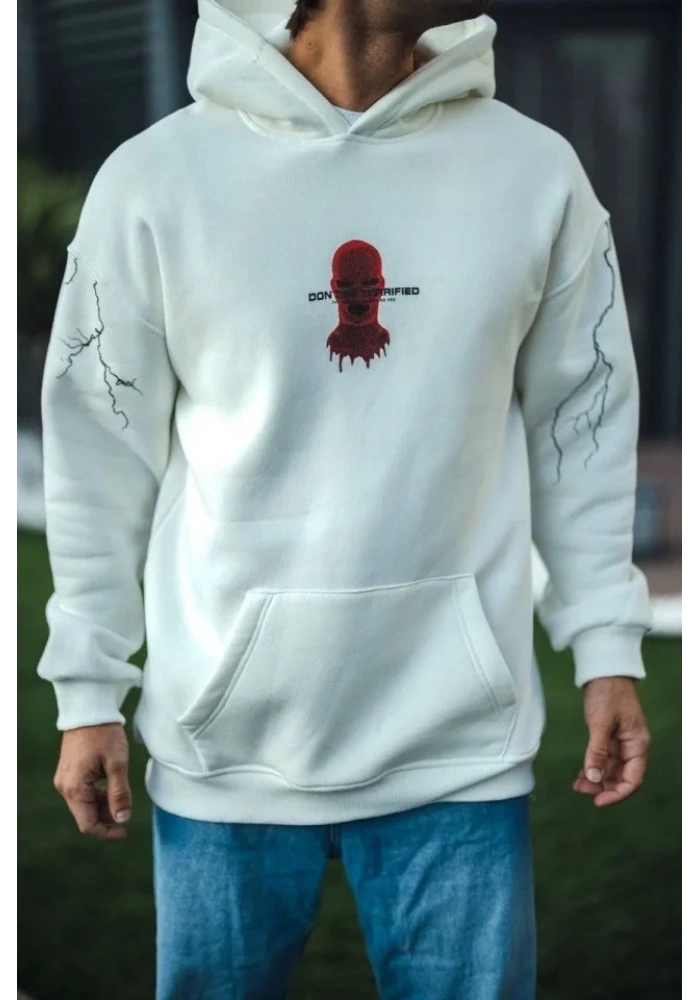 Üç İplik Kapşonlu Baskılı Oversize SweatShirt- Beyaz