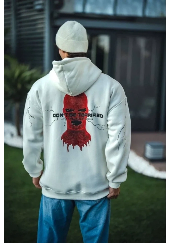 Üç İplik Kapşonlu Baskılı Oversize SweatShirt- Beyaz