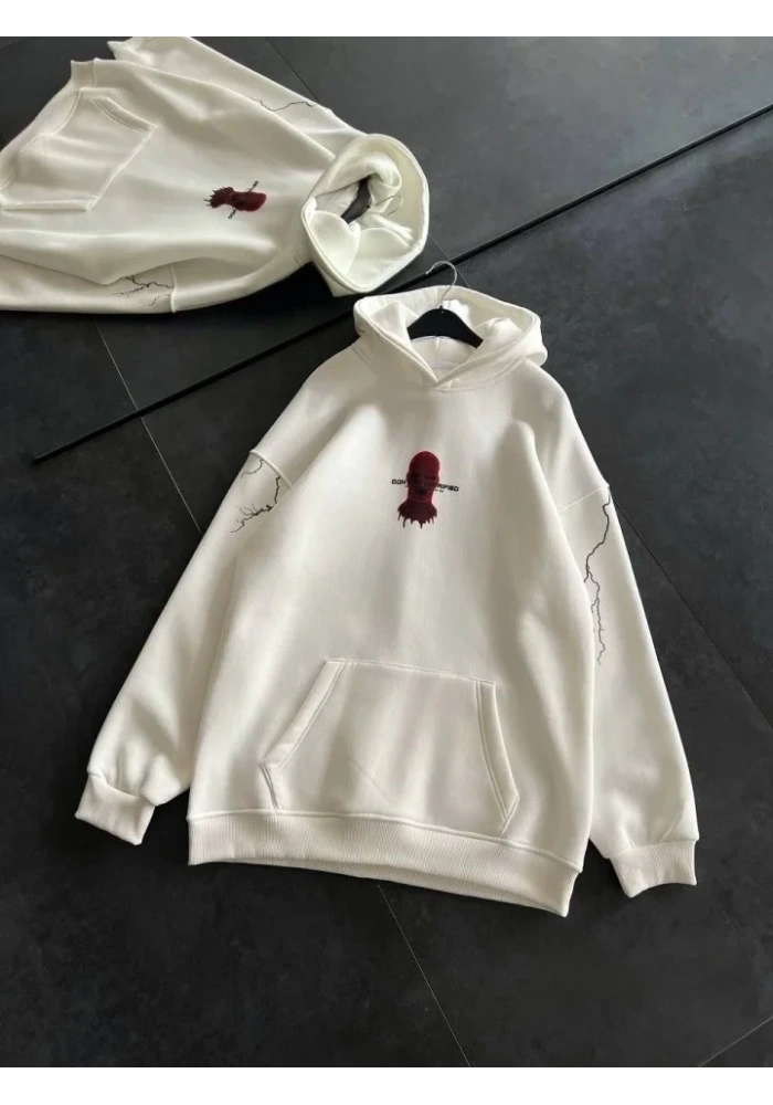 Üç İplik Kapşonlu Baskılı Oversize SweatShirt- Beyaz