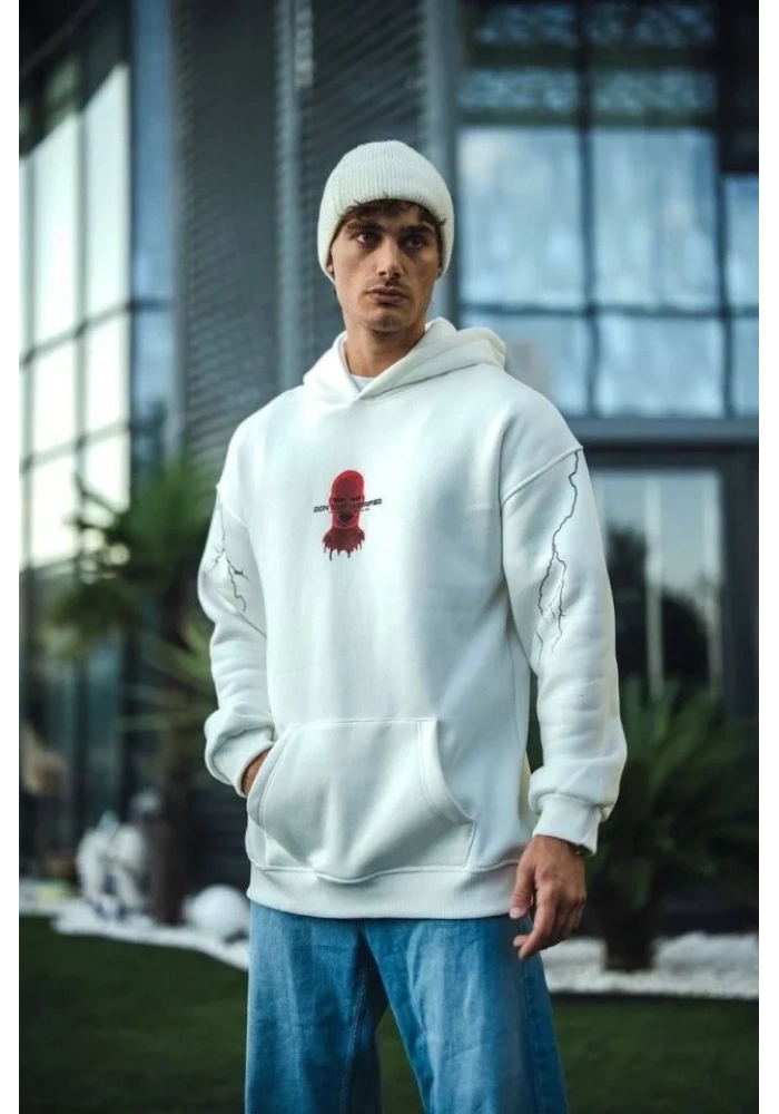 Üç İplik Kapşonlu Baskılı Oversize SweatShirt- Beyaz