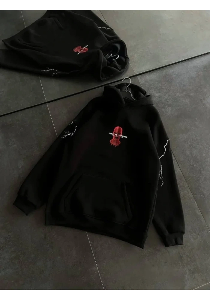 Üç İplik Kapşonlu Baskılı Oversize SweatShirt- Siyah