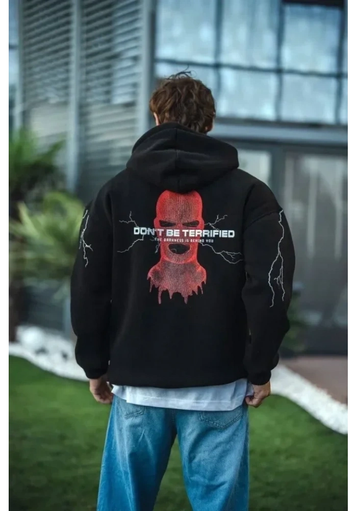 Üç İplik Kapüşonlu Baskılı Oversize SweatShirt- Siyah