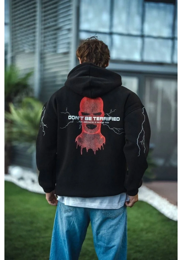 Üç İplik Kapüşonlu Baskılı Oversize SweatShirt- Siyah