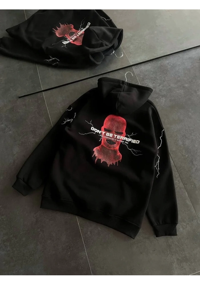 Üç İplik Kapüşonlu Baskılı Oversize SweatShirt- Siyah