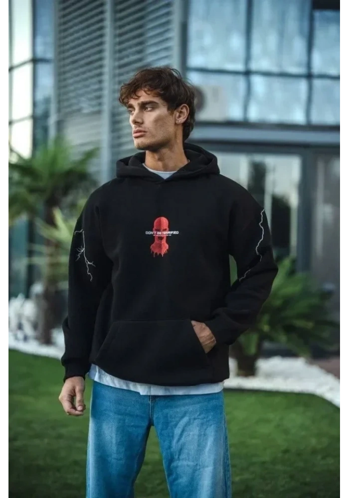 Üç İplik Kapüşonlu Baskılı Oversize SweatShirt- Siyah