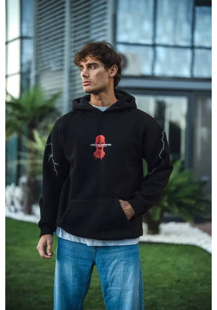 Üç İplik Kapüşonlu Baskılı Oversize SweatShirt- Siyah