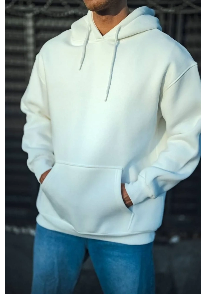 Üç İplik Penye Kapşonlu Basic SweatShirt - Beyaz