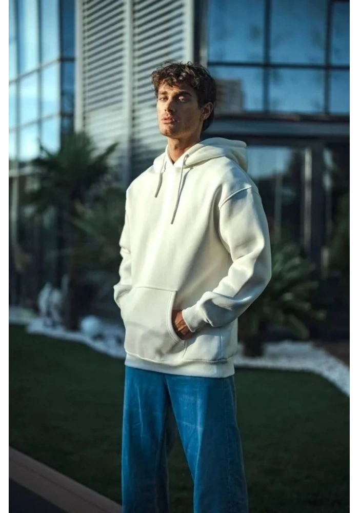 Üç İplik Penye Kapşonlu Basic SweatShirt - Beyaz