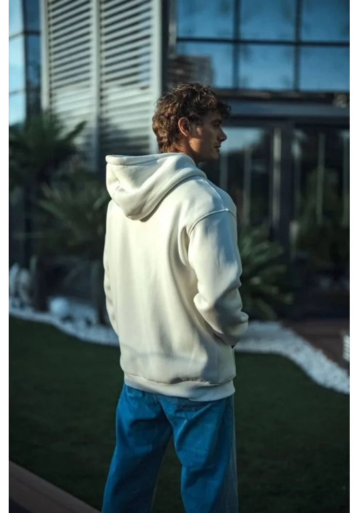 Üç İplik Penye Kapşonlu Basic SweatShirt - Beyaz