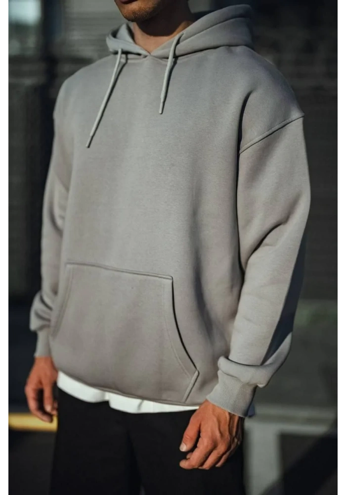 Üç İplik Penye Kapşonlu Basic SweatShirt - Boyalı Gri