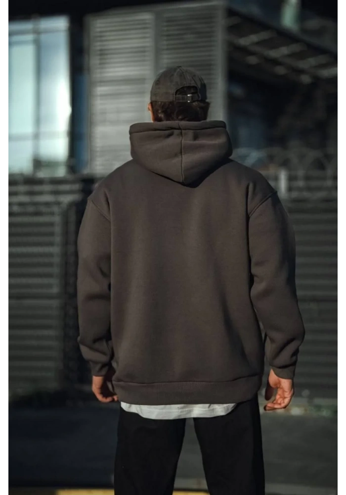 Üç İplik Penye Kapşonlu Basic SweatShirt - Füme