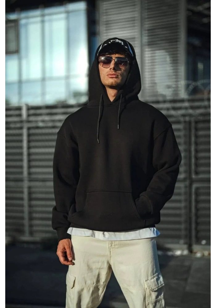 Üç İplik Penye Kapşonlu Basic SweatShirt - Siyah
