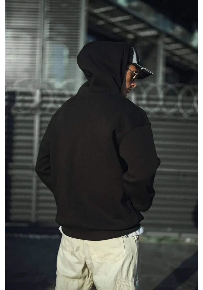 Üç İplik Penye Kapşonlu Basic SweatShirt - Siyah